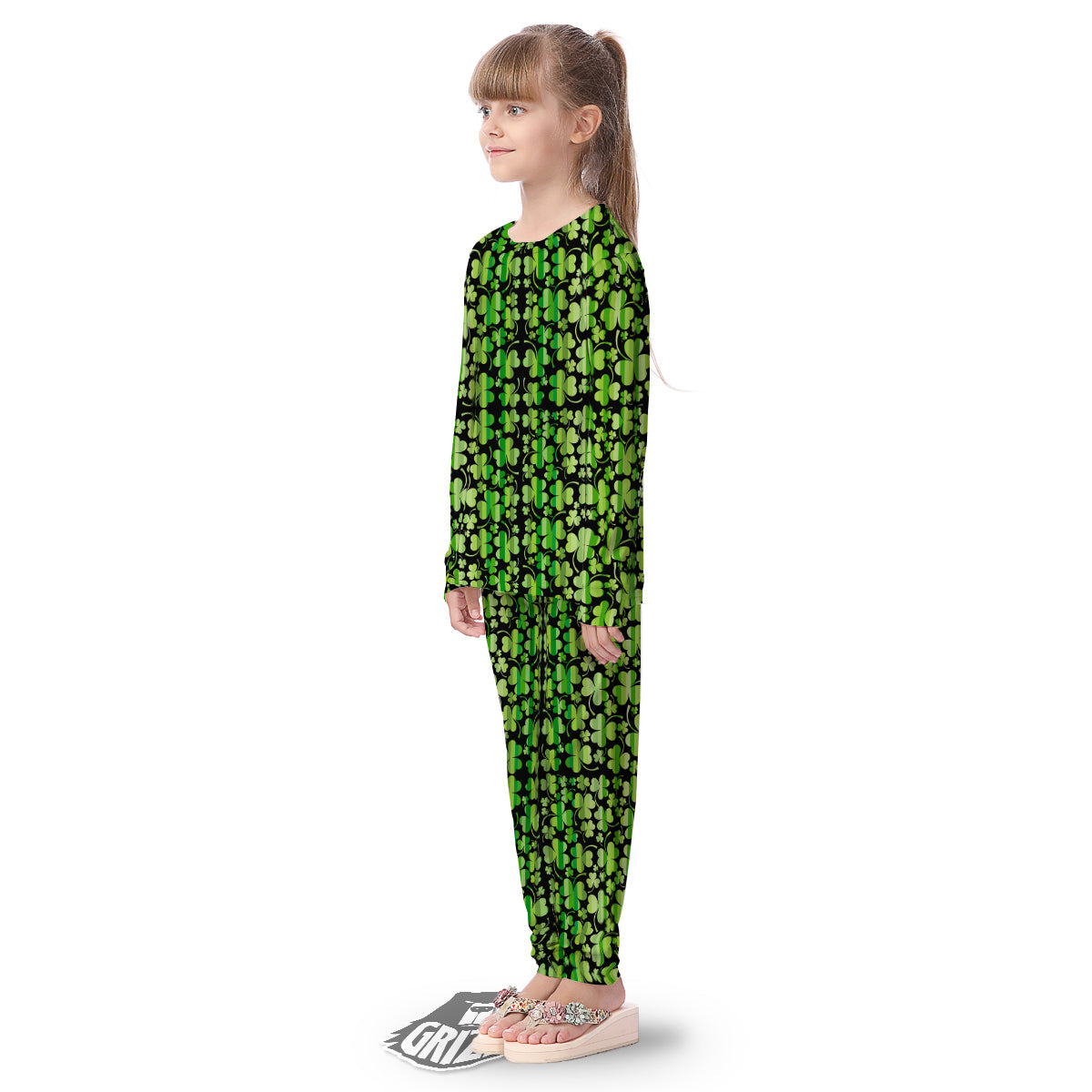 Shamrock Green And Black Print Pattern Kid's Pajamas-grizzshop