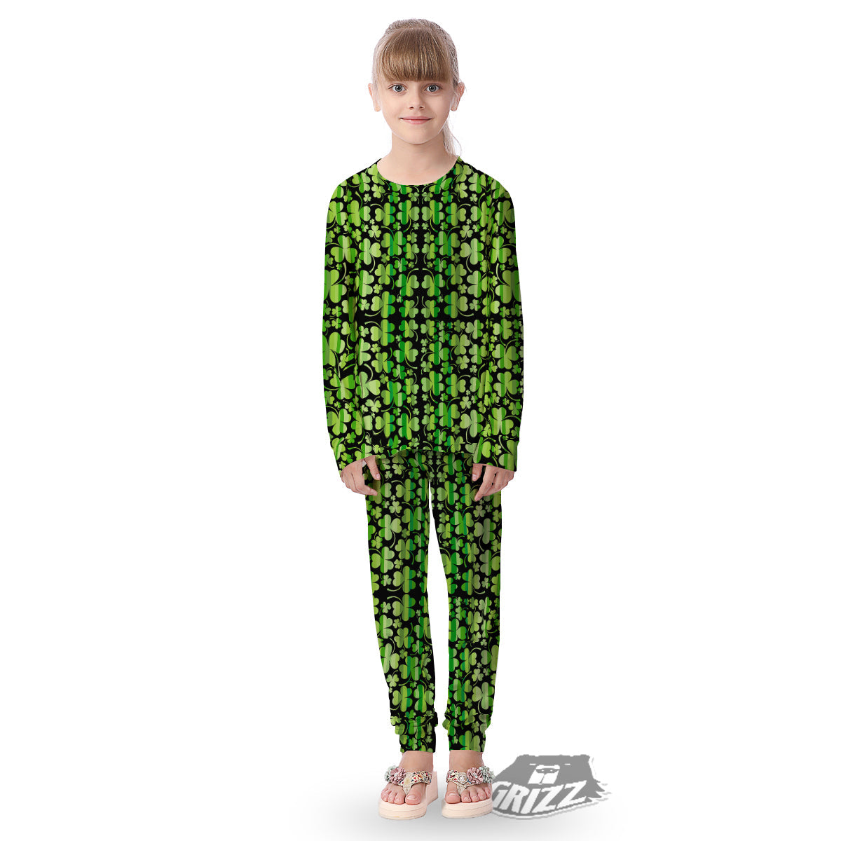 Shamrock Green And Black Print Pattern Kid's Pajamas-grizzshop