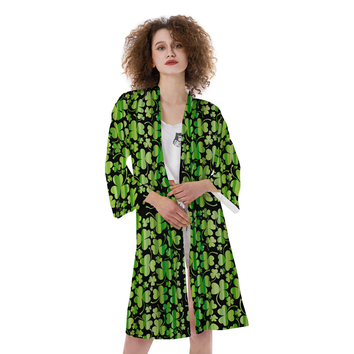 Shamrock Green And Black Print Pattern Kimono-grizzshop