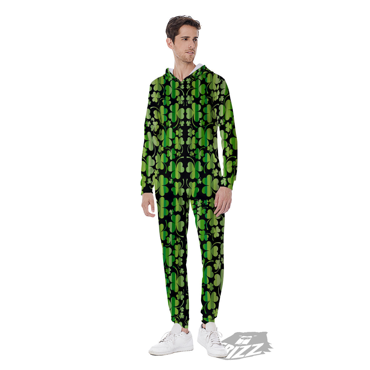 Shamrock Green And Black Print Pattern Men's Jumpsuit-grizzshop