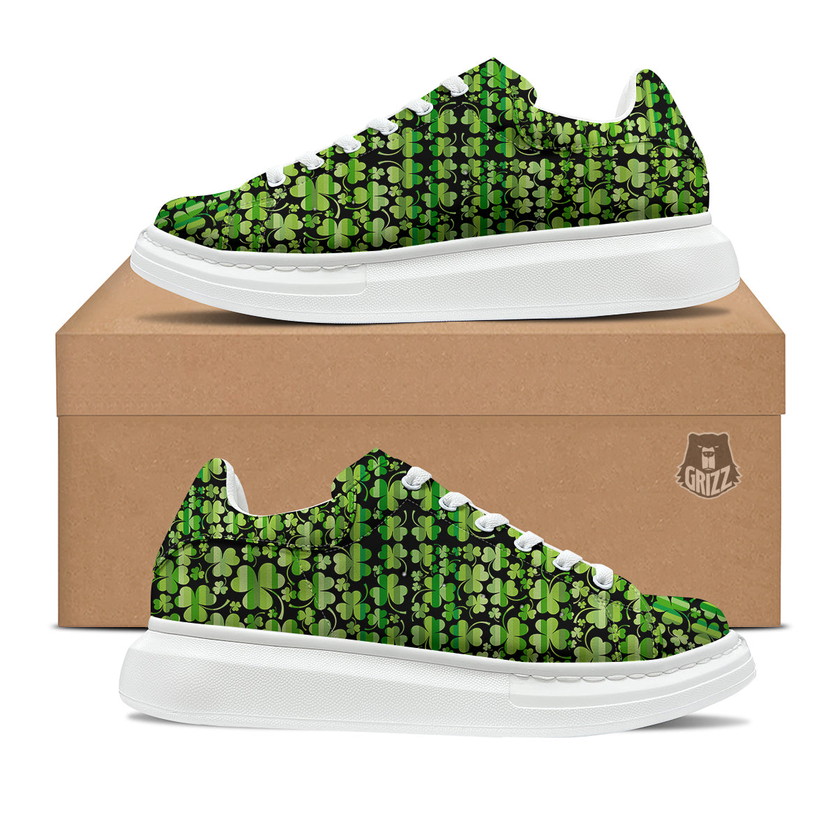 Shamrock Green And Black Print Pattern Platform Shoes-grizzshop