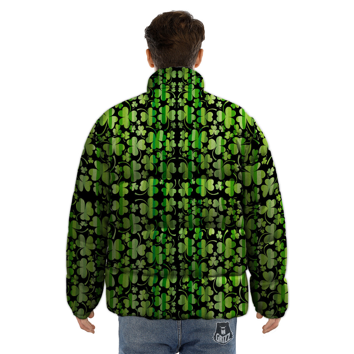 Shamrock Green And Black Print Pattern Puffer Jacket-grizzshop