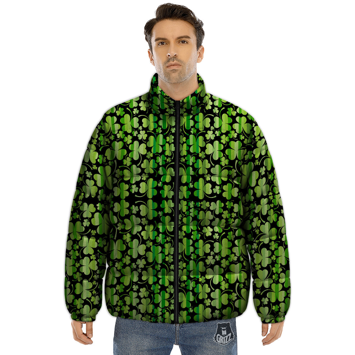 Shamrock Green And Black Print Pattern Puffer Jacket-grizzshop