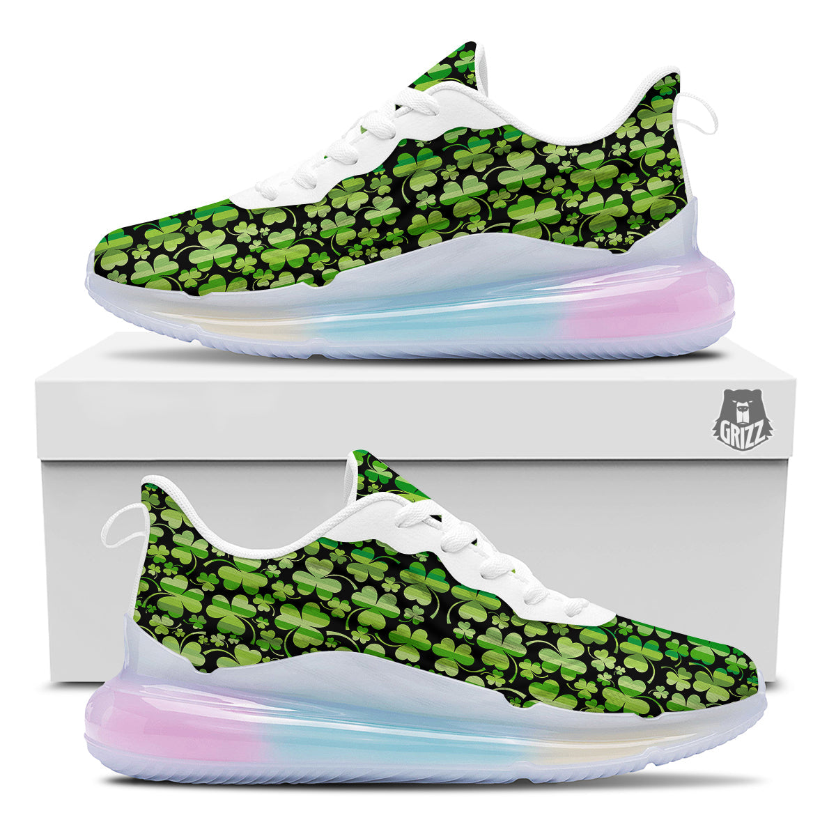 Shamrock Green And Black Print Pattern Running Sneakers-grizzshop