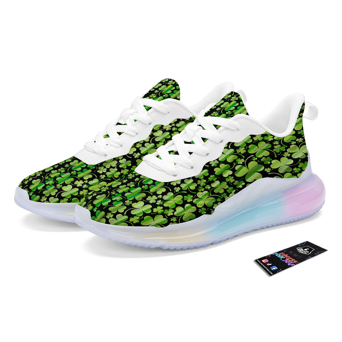 Shamrock Green And Black Print Pattern Running Sneakers-grizzshop