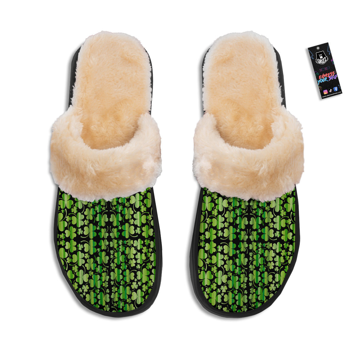 Shamrock Green And Black Print Pattern Slippers-grizzshop