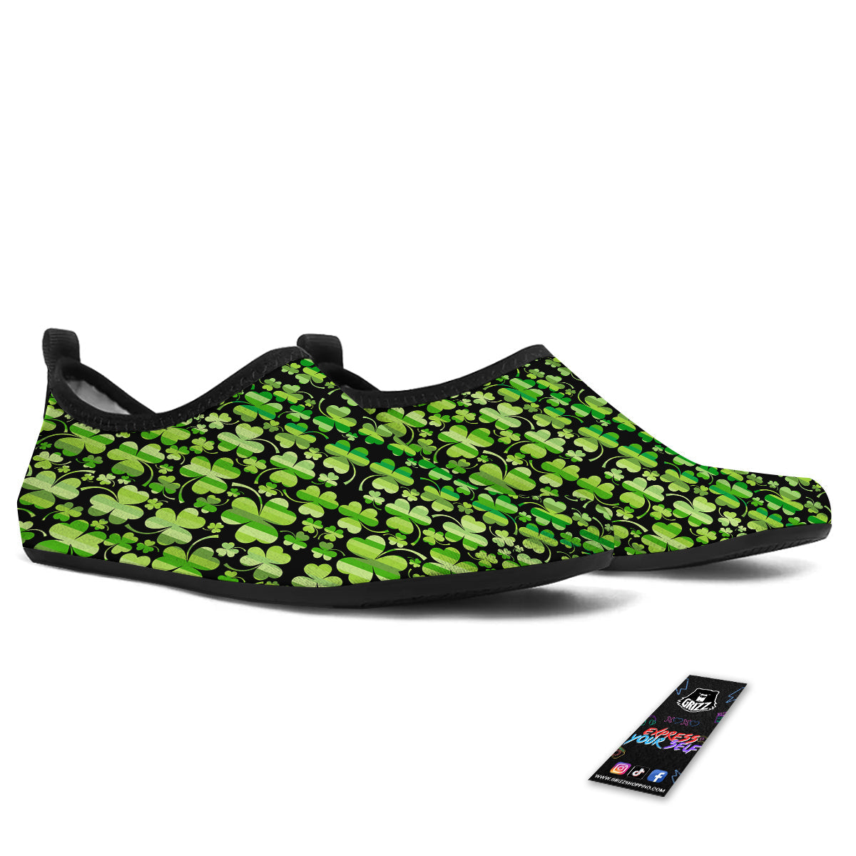 Shamrock Green And Black Print Pattern Water Shoes-grizzshop