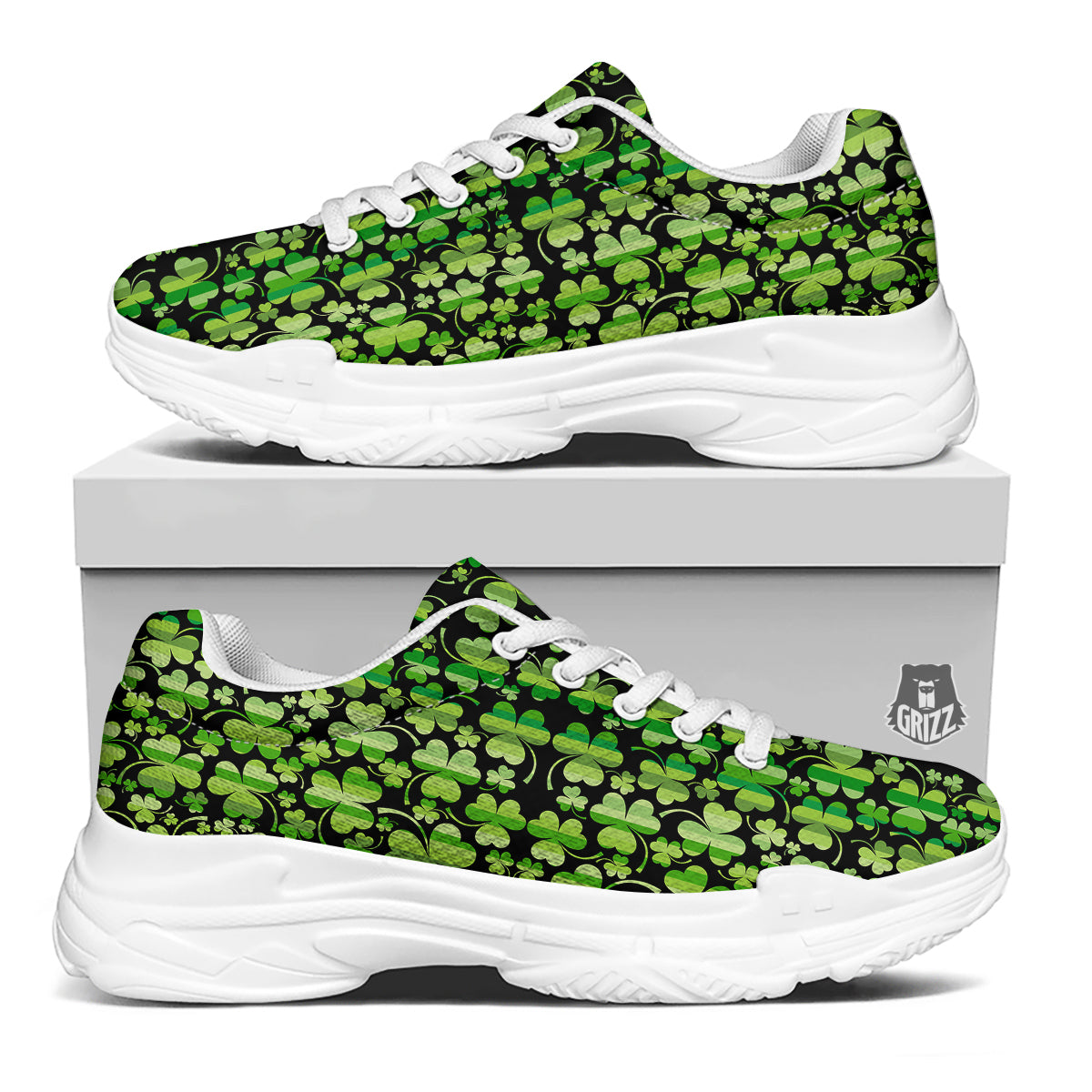 Shamrock Green And Black Print Pattern White Chunky Shoes-grizzshop
