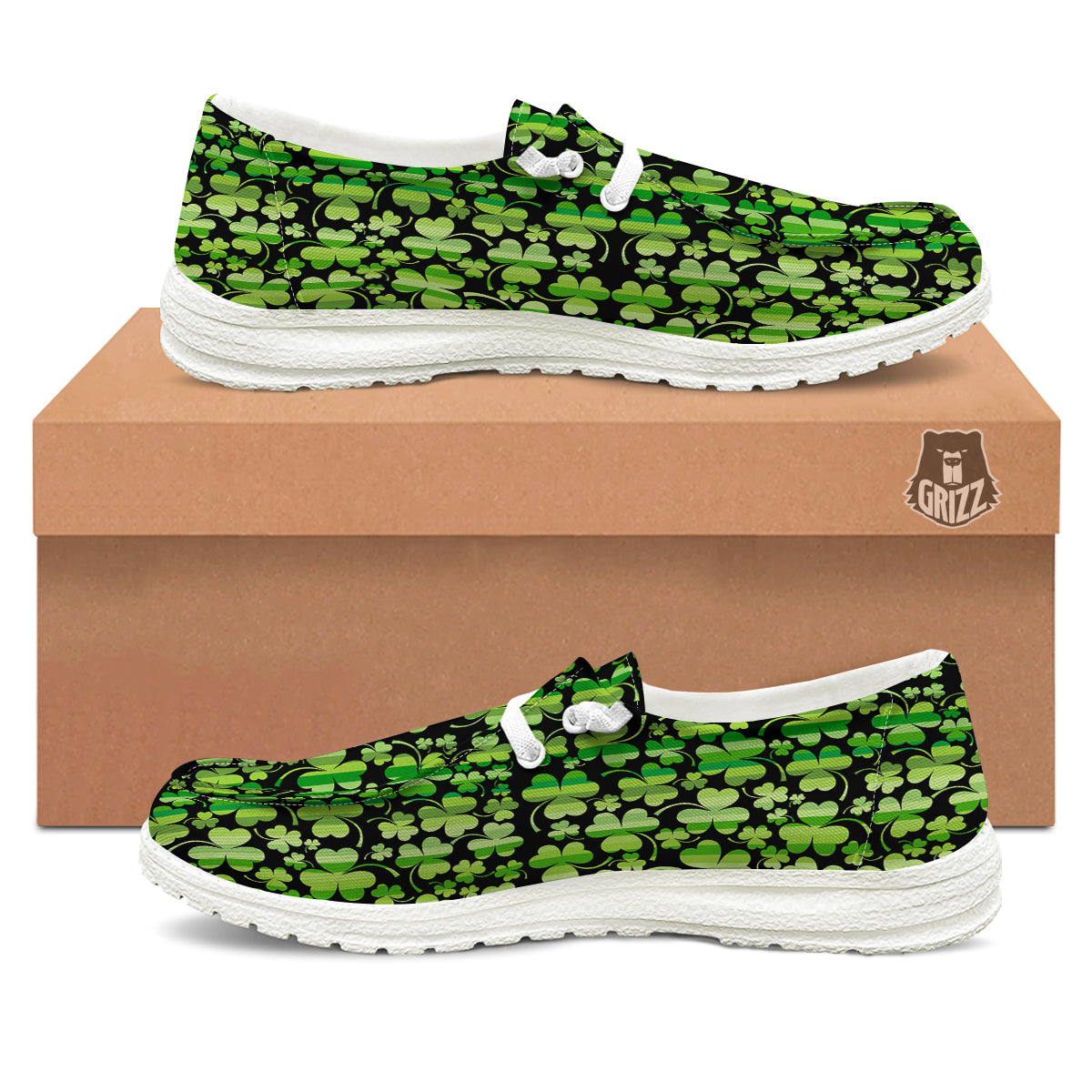 Shamrock Green And Black Print Pattern White Loafers-grizzshop