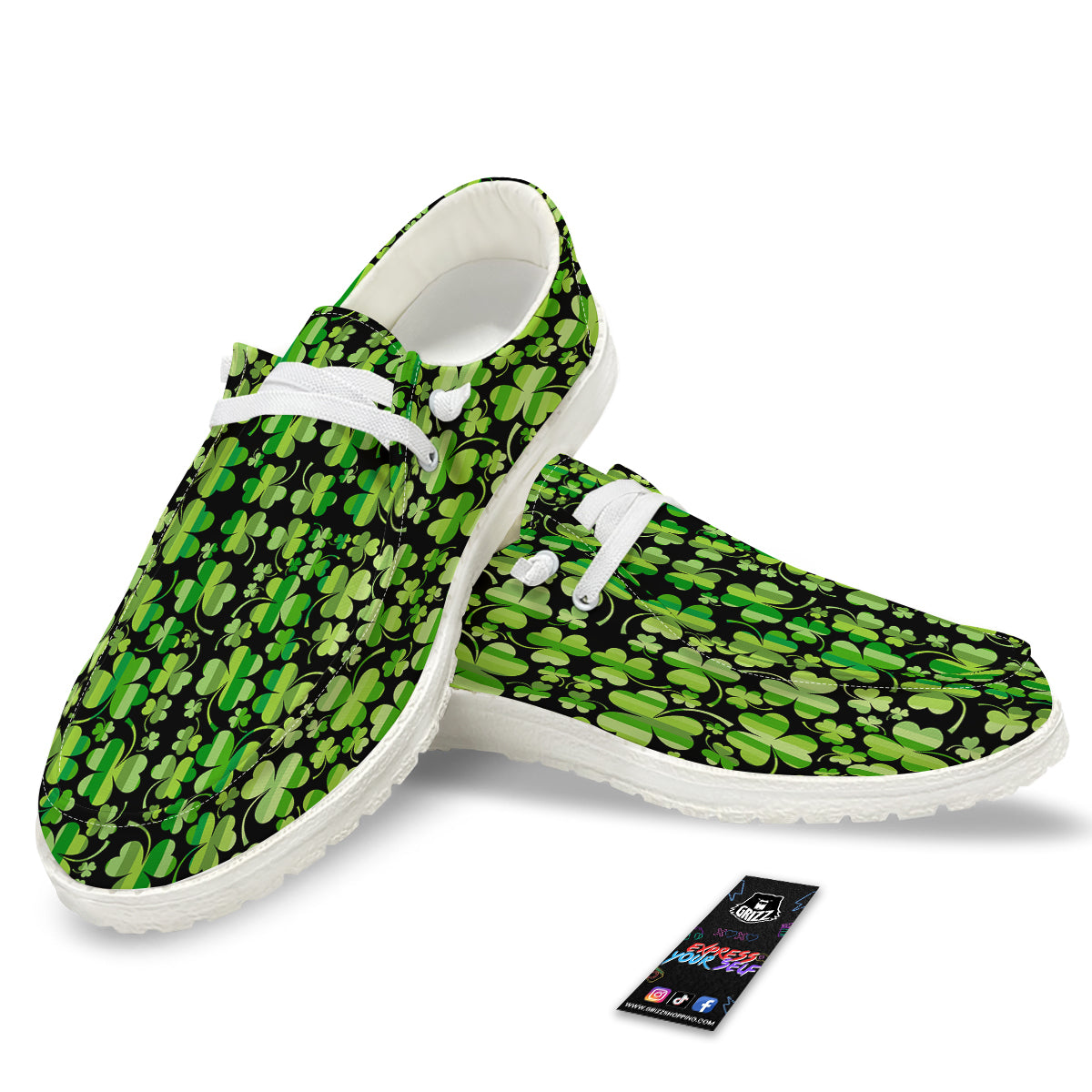 Shamrock Green And Black Print Pattern White Loafers-grizzshop