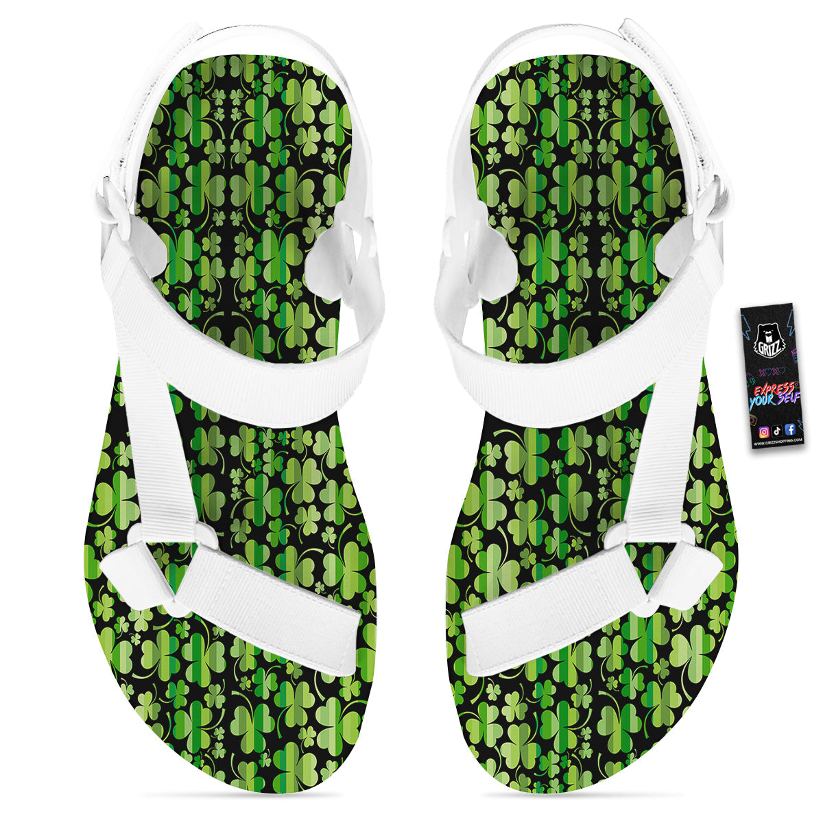 Shamrock Green And Black Print Pattern White Open Toe Sandals-grizzshop