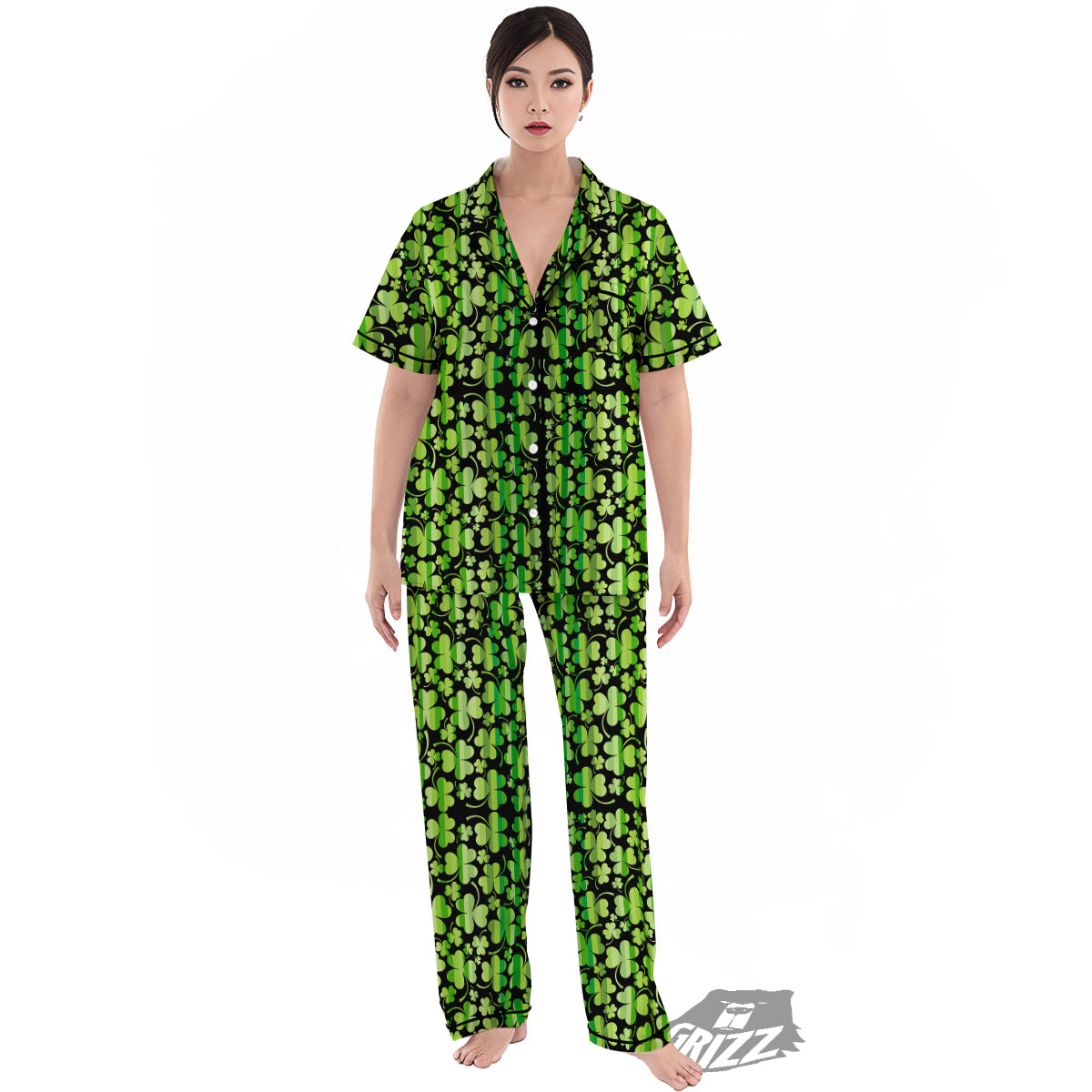 Shamrock Green And Black Print Pattern Women's Pajamas Set-grizzshop