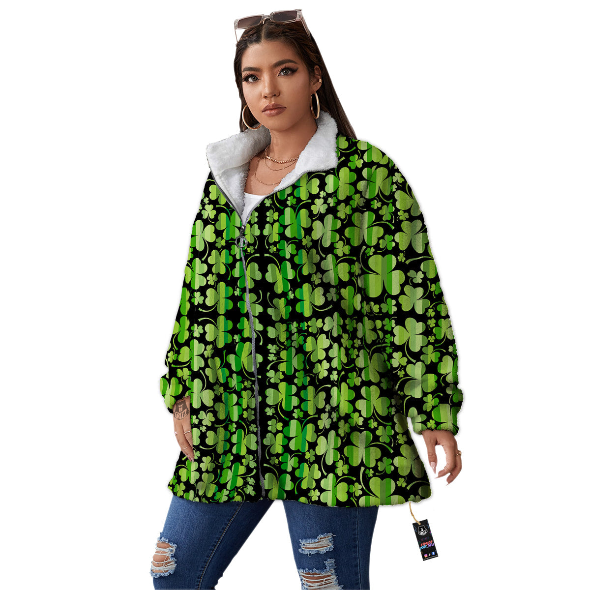 Shamrock Green And Black Print Pattern Women's Sherpa Jacket-grizzshop