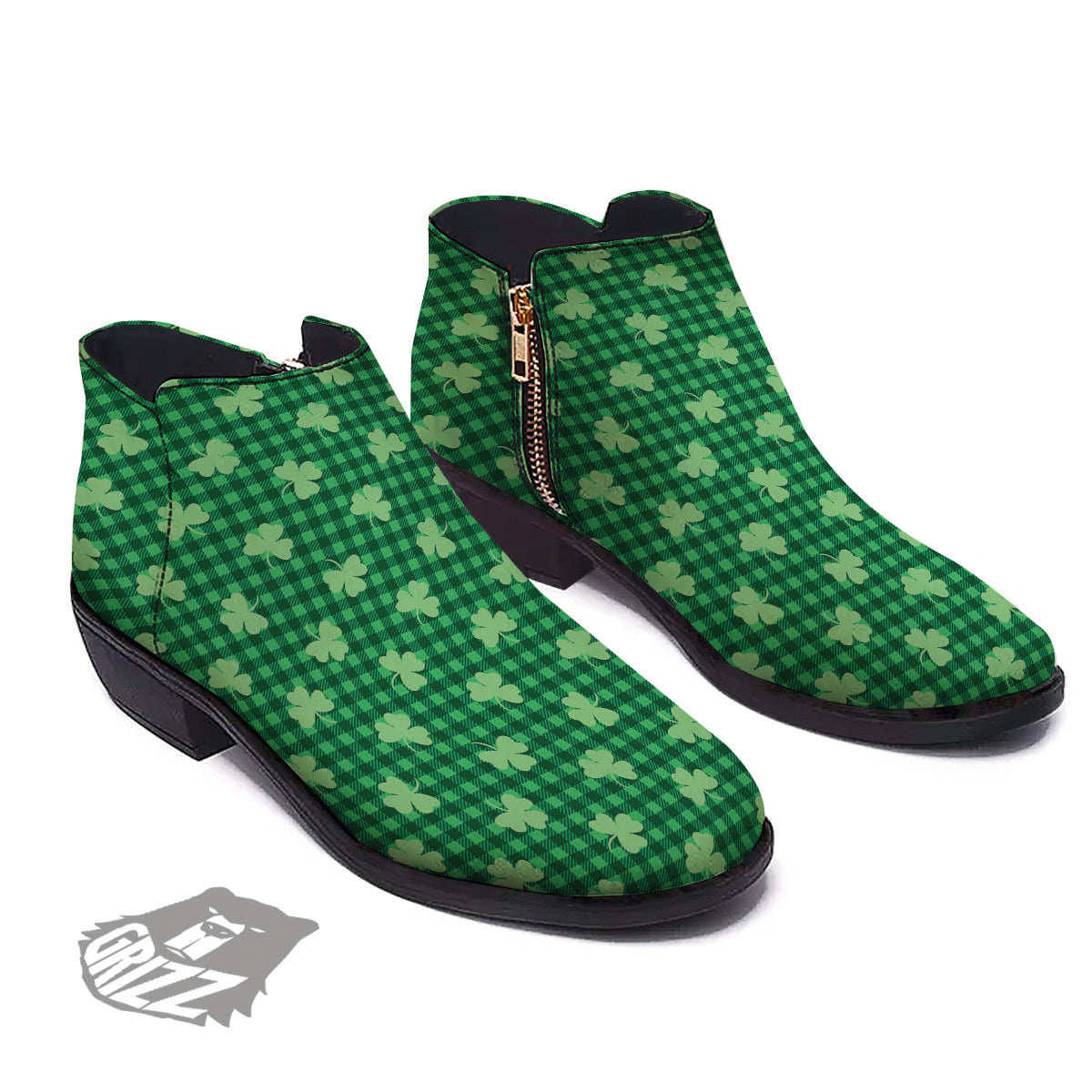 Shamrock Green Plaid Print Pattern Ankle Boots-grizzshop