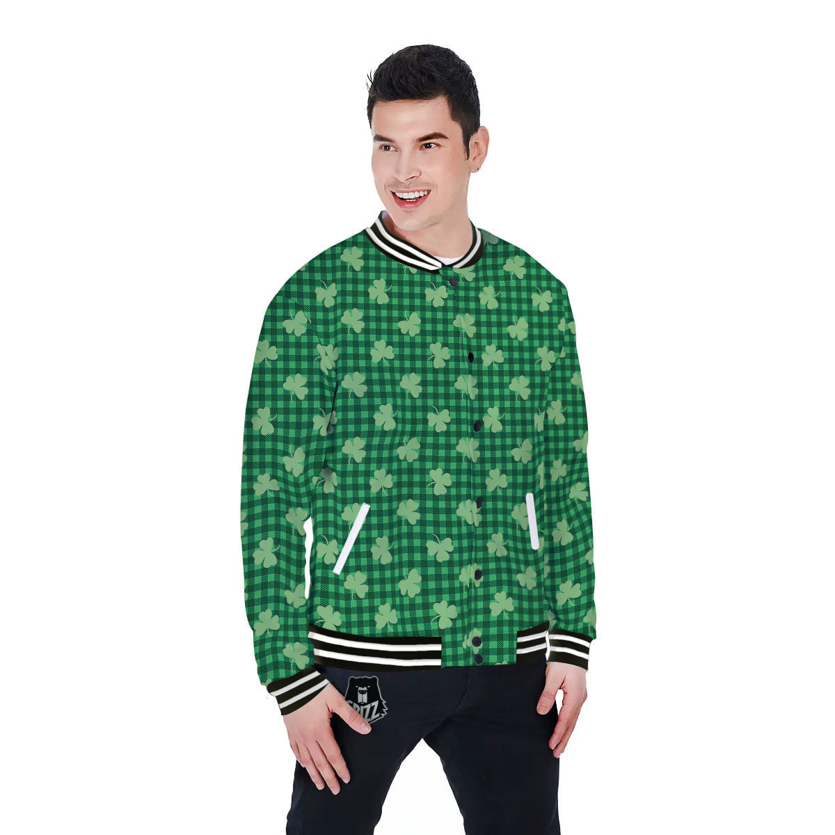 Shamrock Green Plaid Print Pattern Baseball Jacket-grizzshop