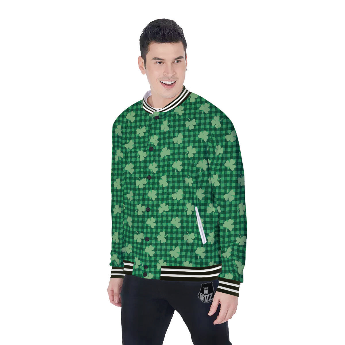 Shamrock Green Plaid Print Pattern Baseball Jacket-grizzshop