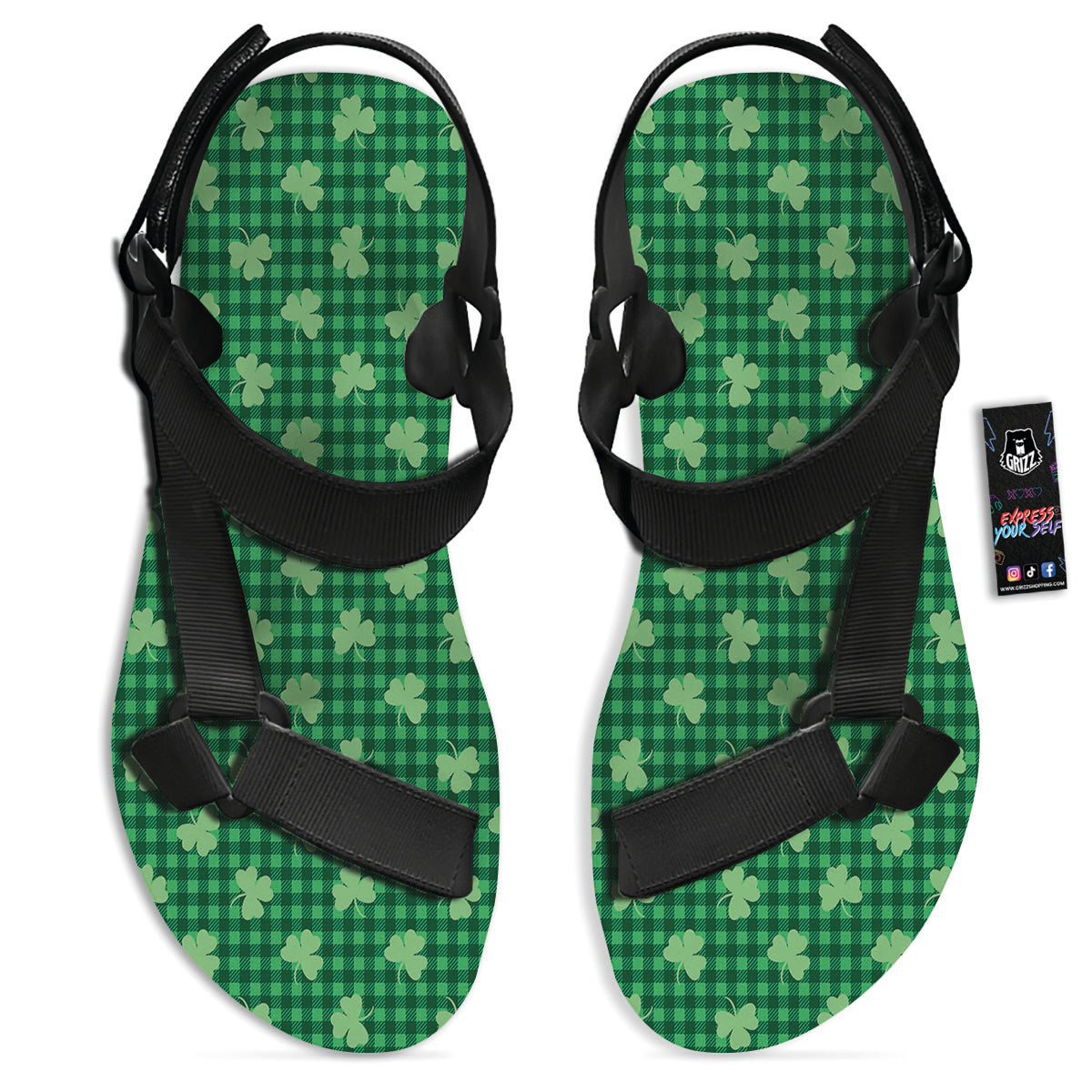 Shamrock Green Plaid Print Pattern Black Open Toe Sandals-grizzshop
