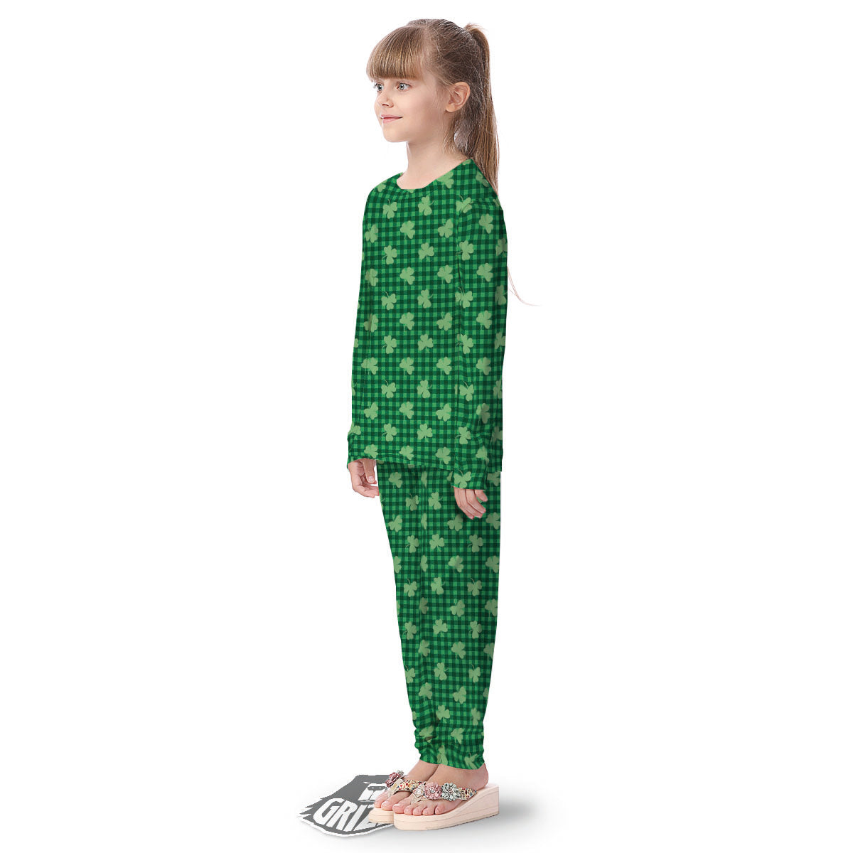 Shamrock Green Plaid Print Pattern Kid's Pajamas-grizzshop