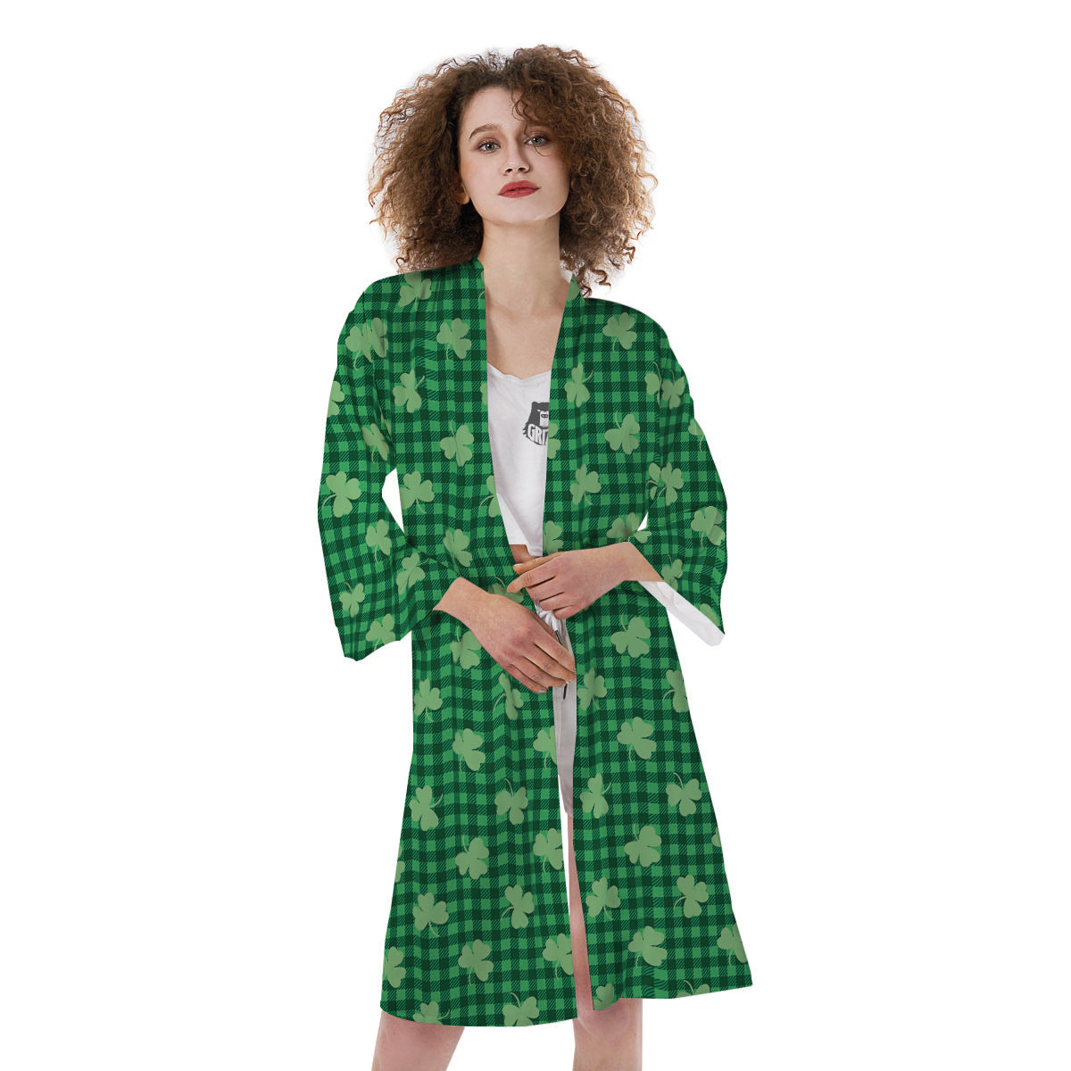 Shamrock Green Plaid Print Pattern Kimono-grizzshop