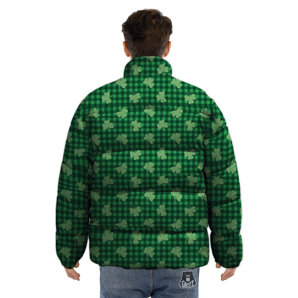 Shamrock Green Plaid Print Pattern Puffer Jacket-grizzshop