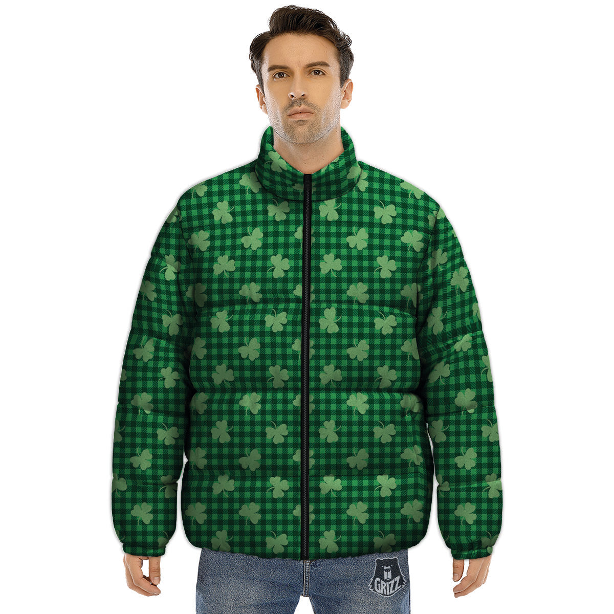 Shamrock Green Plaid Print Pattern Puffer Jacket-grizzshop