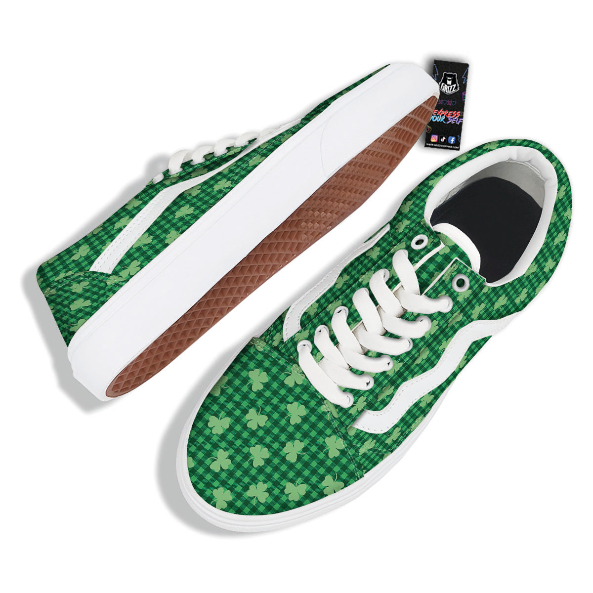 Shamrock Green Plaid Print Pattern Skate Shoes-grizzshop