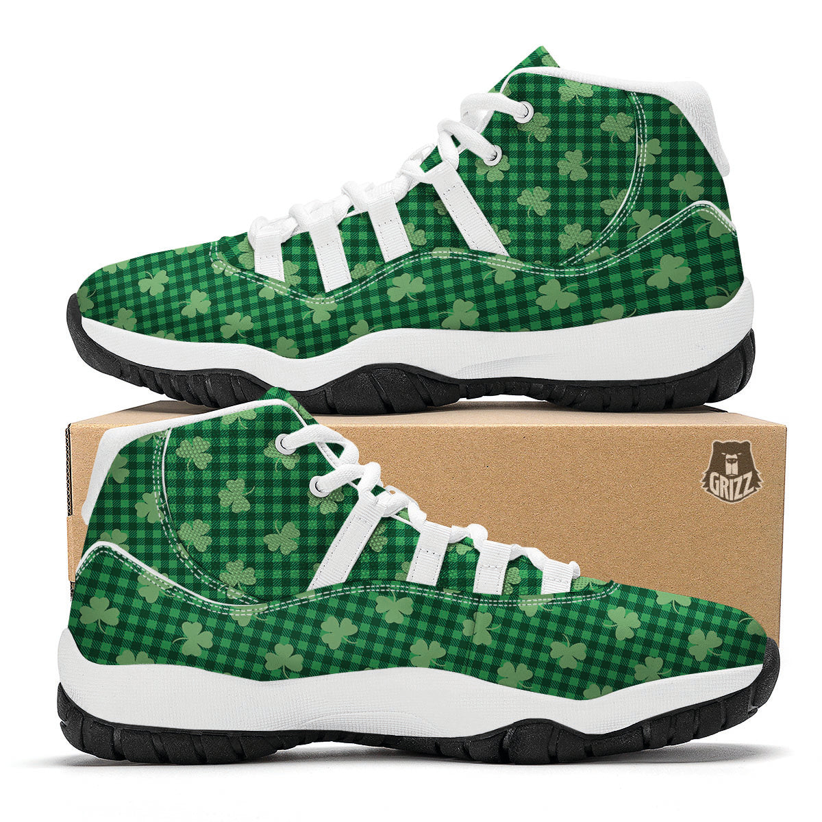 Shamrock Green Plaid Print Pattern White Bball Shoes-grizzshop