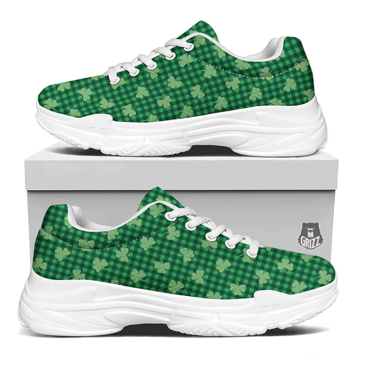 Shamrock Green Plaid Print Pattern White Chunky Shoes-grizzshop
