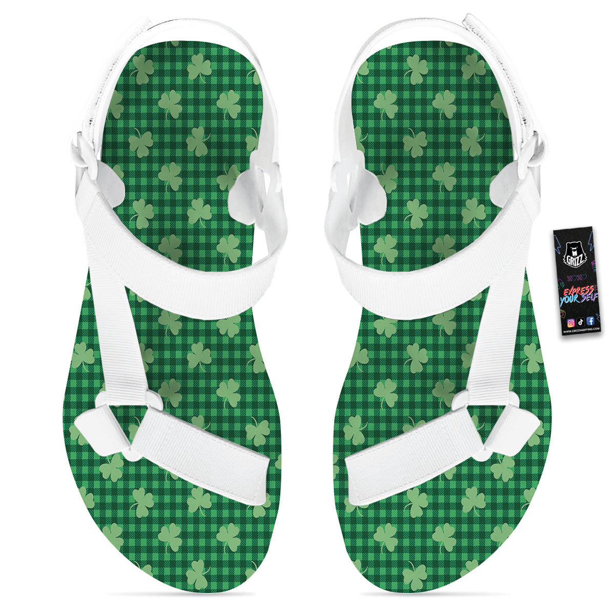 Shamrock Green Plaid Print Pattern White Open Toe Sandals-grizzshop