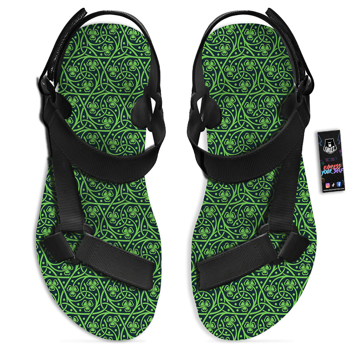 Shamrock Irish Print Pattern Black Open Toe Sandals-grizzshop