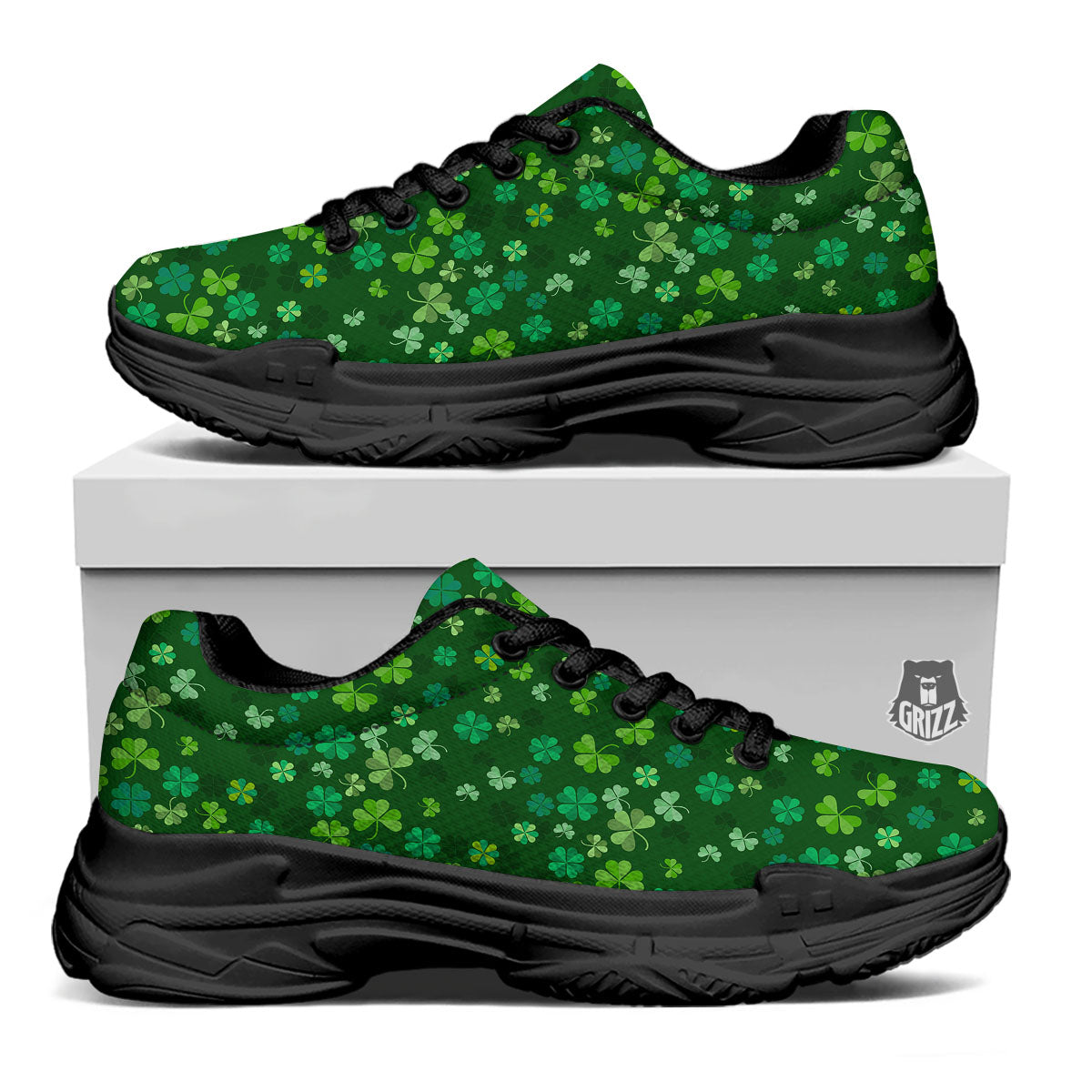 Shamrock Leaf Green Print Pattern Black Chunky Shoes-grizzshop