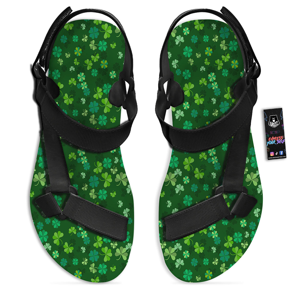 Shamrock Leaf Green Print Pattern Black Open Toe Sandals-grizzshop