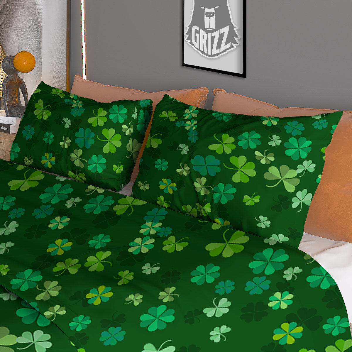 Shamrock Leaf Green Print Pattern Duvet Cover Bedding Set