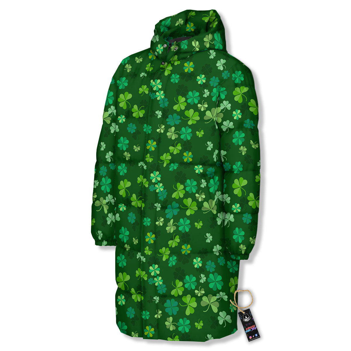 Shamrock Leaf Green Print Pattern Long Down Jacket-grizzshop