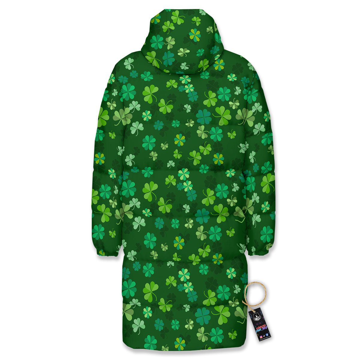 Shamrock Leaf Green Print Pattern Long Down Jacket-grizzshop