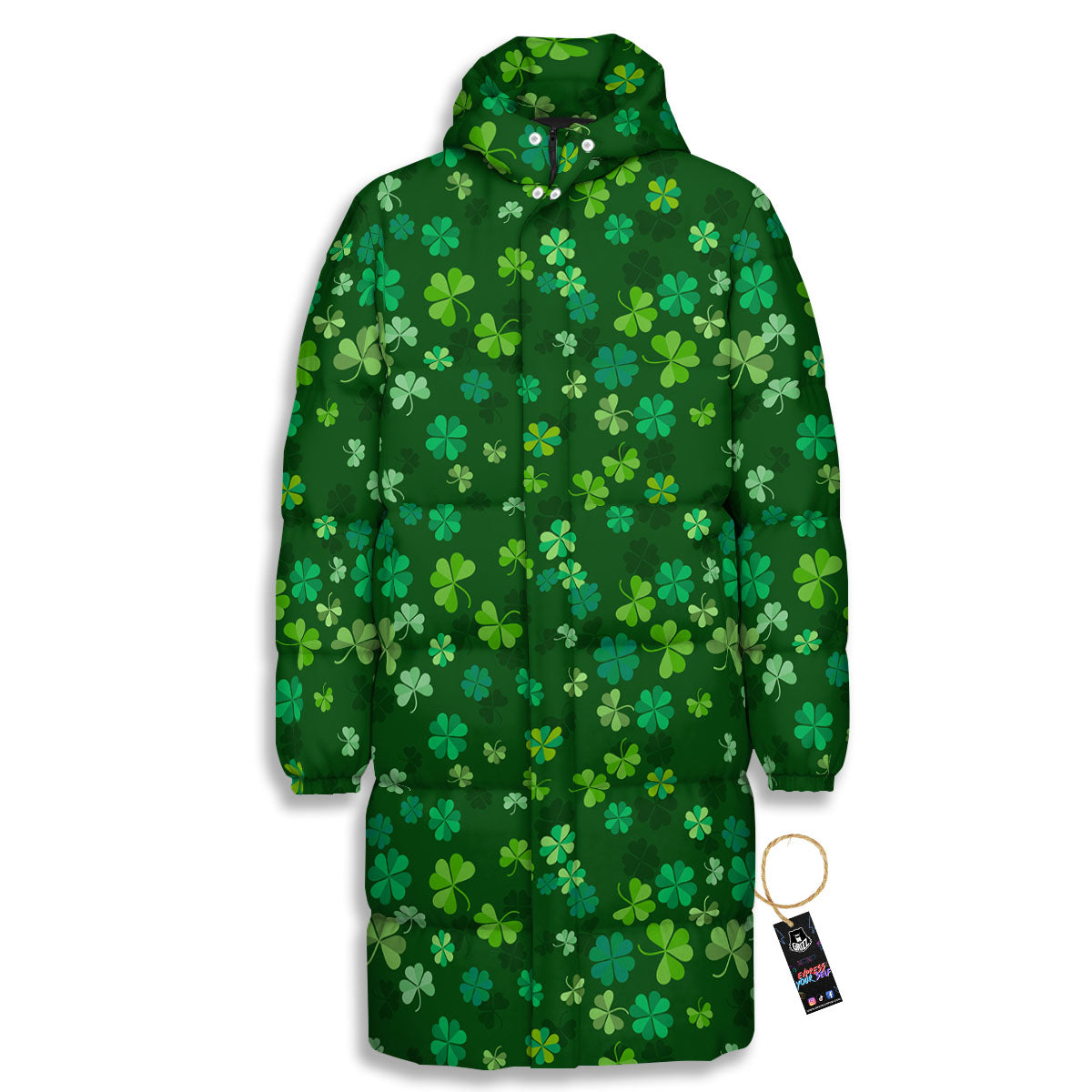 Shamrock Leaf Green Print Pattern Long Down Jacket-grizzshop
