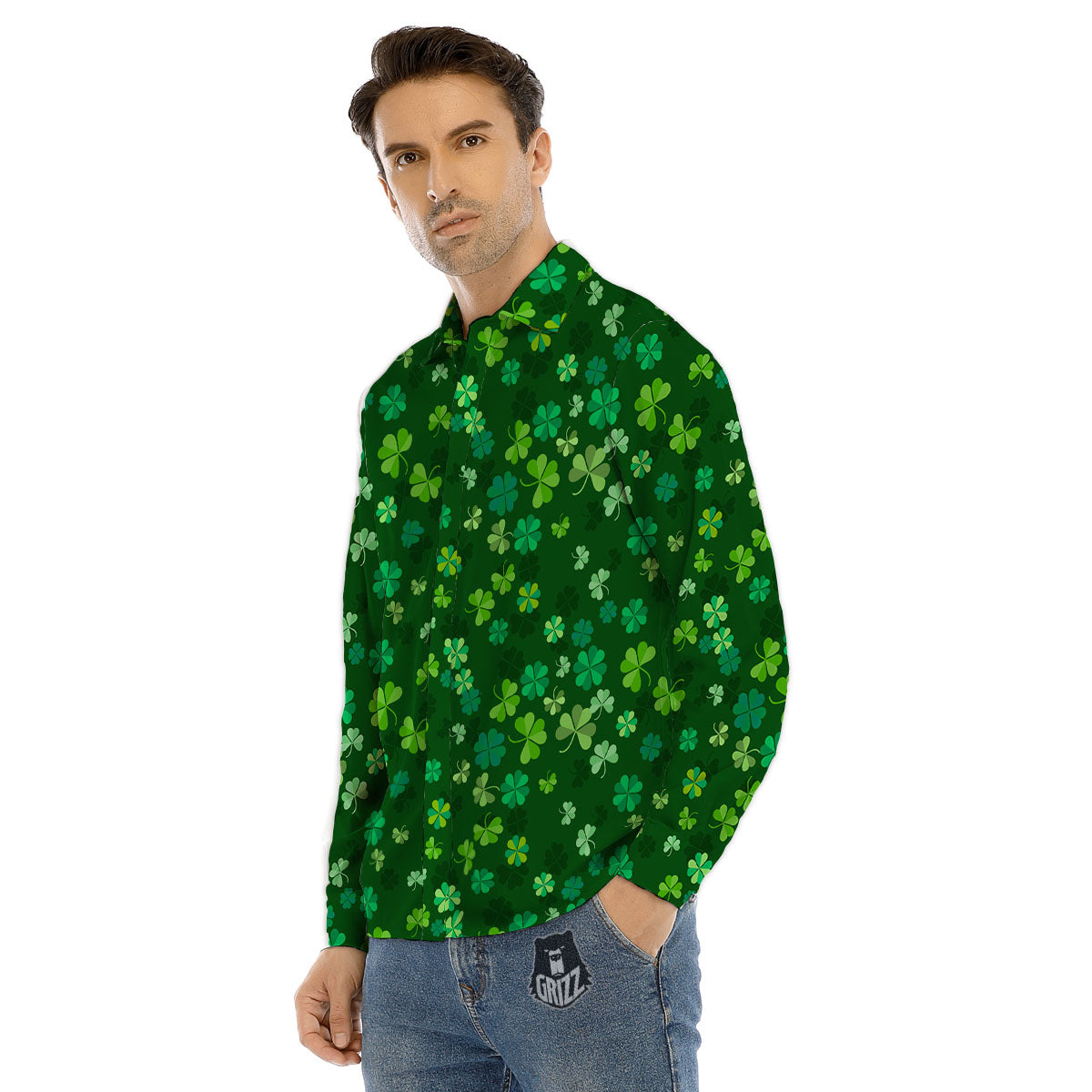 Shamrock Leaf Green Print Pattern Men's Dress Shirts-grizzshop