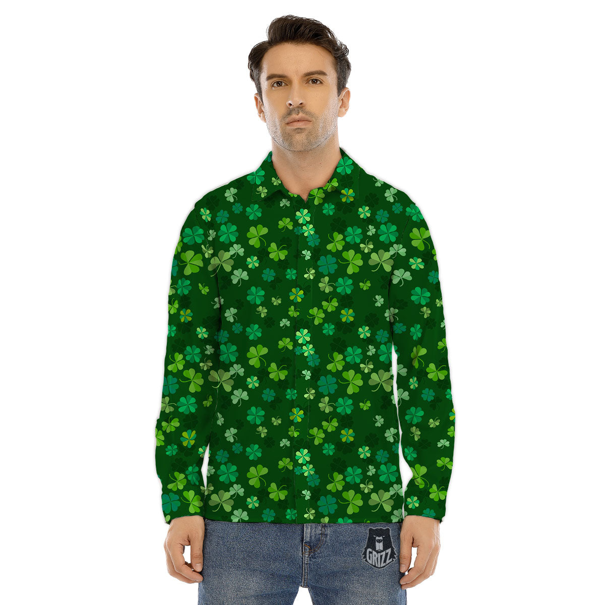 Shamrock Leaf Green Print Pattern Men's Dress Shirts-grizzshop
