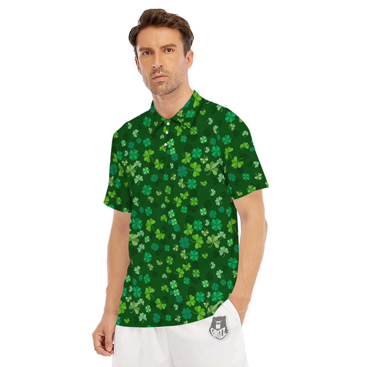 Shamrock Leaf Green Print Pattern Men's Golf Shirts-grizzshop