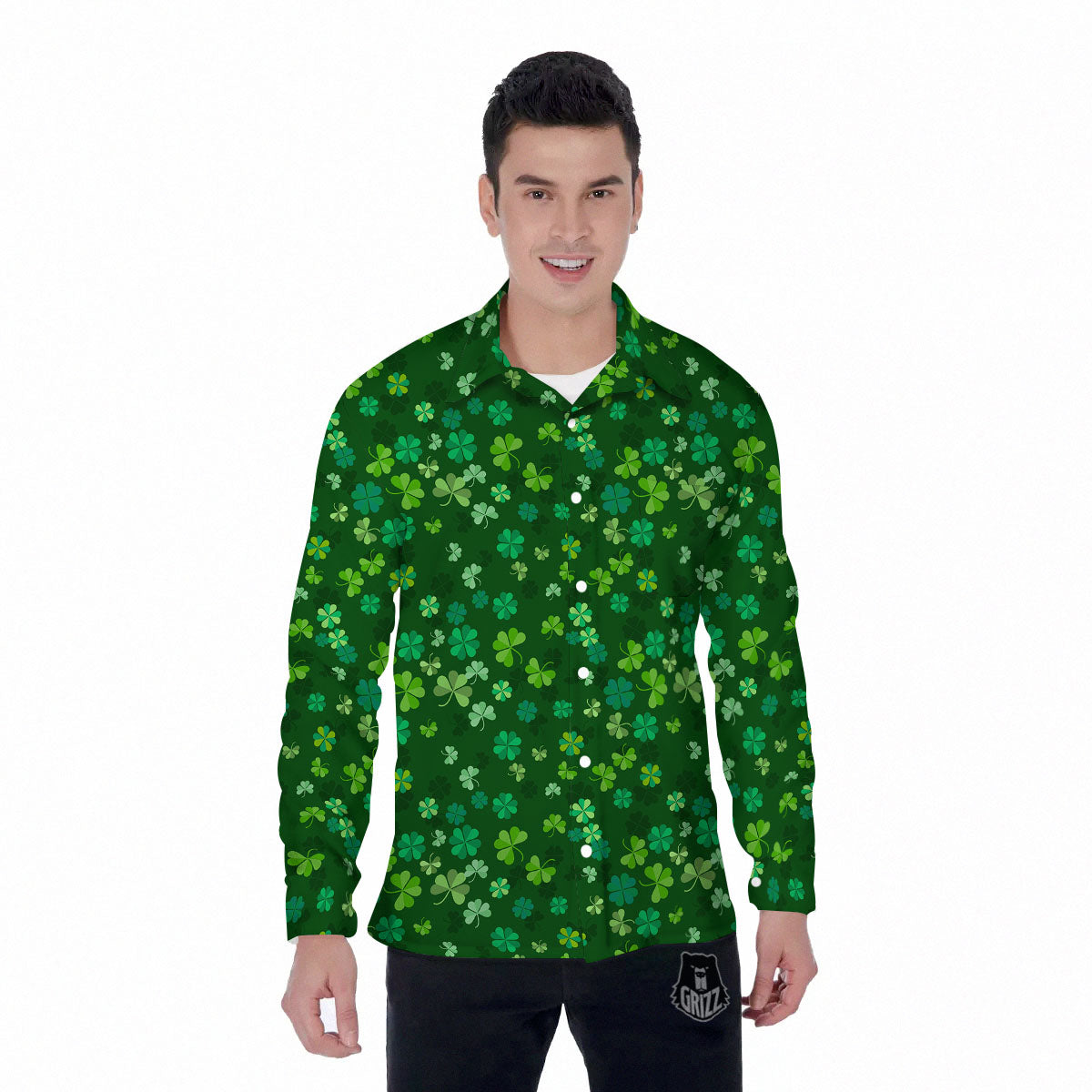 Shamrock Leaf Green Print Pattern Men's Long Sleeve Shirts-grizzshop