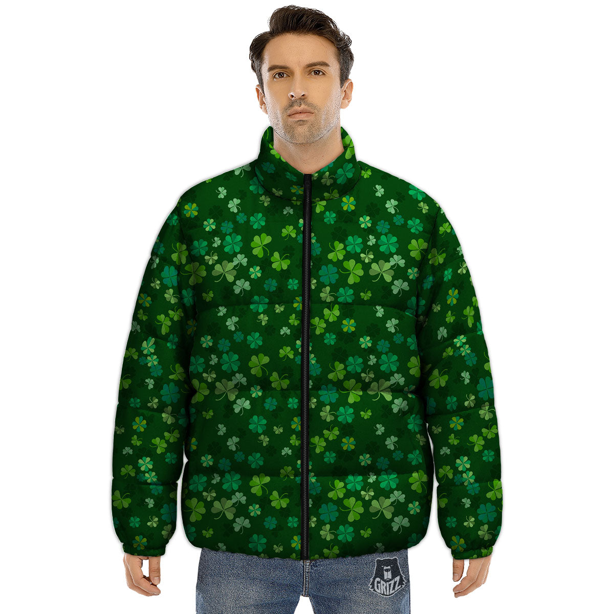 Shamrock Leaf Green Print Pattern Puffer Jacket-grizzshop