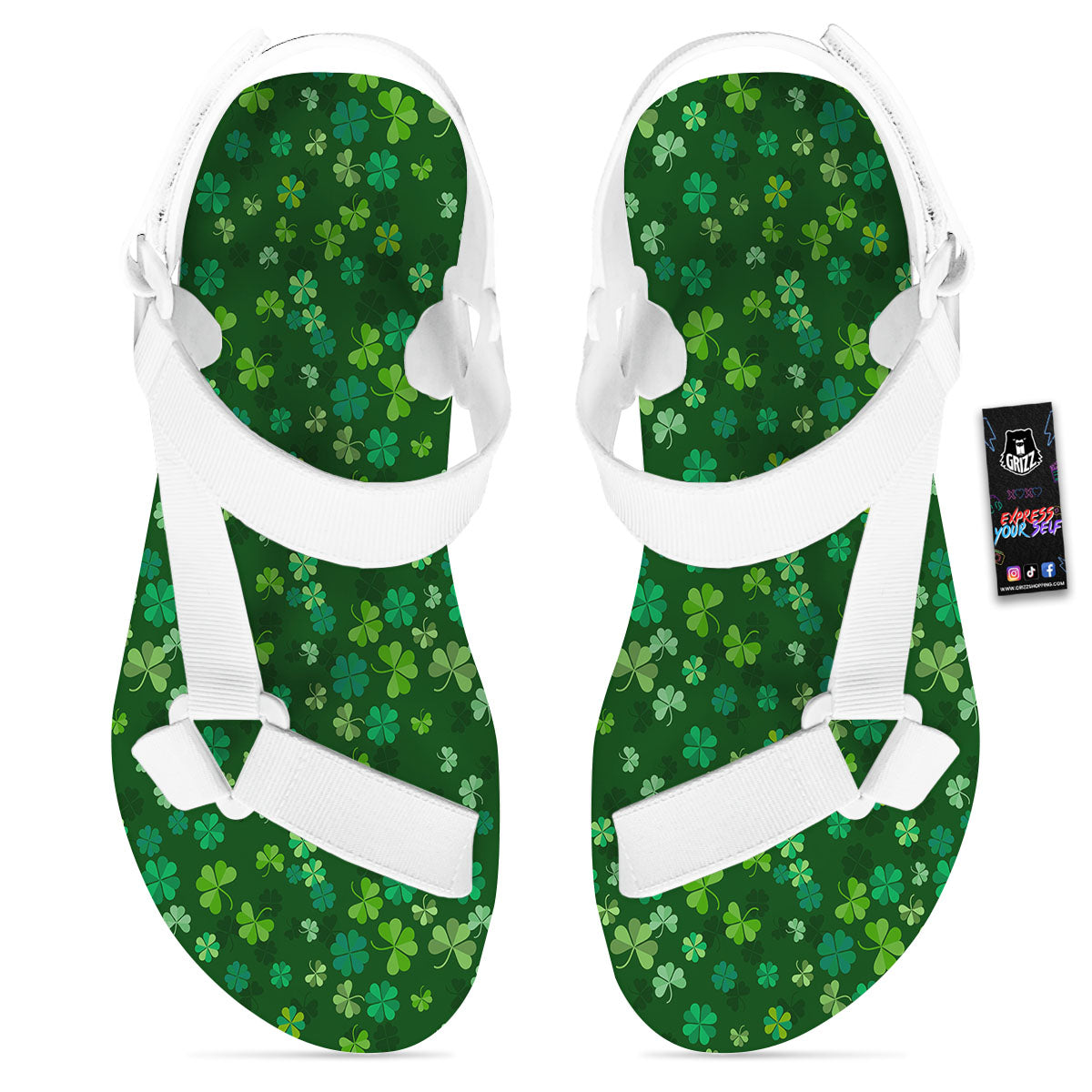 Shamrock Leaf Green Print Pattern White Open Toe Sandals-grizzshop