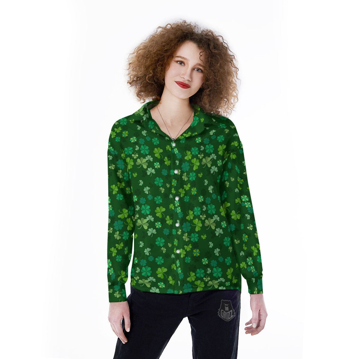 Shamrock Leaf Green Print Pattern Women's Long Sleeve Shirts-grizzshop