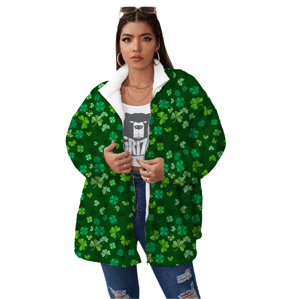 Shamrock Leaf Green Print Pattern Women's Sherpa Jacket-grizzshop