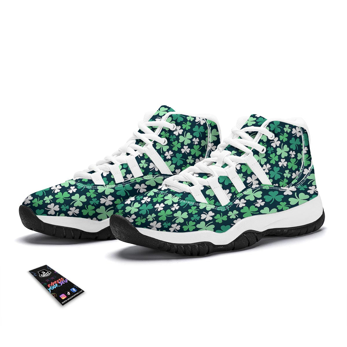 Shamrock Pattern Print White Bball Shoes-grizzshop