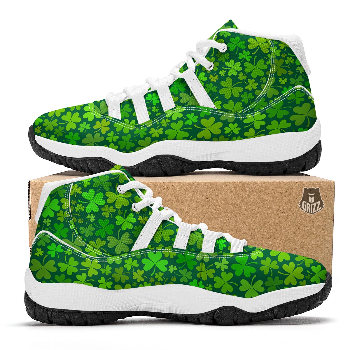 Shamrock St Patrick's Day Green Print Pattern White Bball Shoes-grizzshop