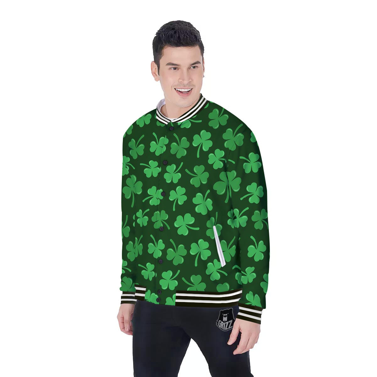 Shamrock St. Patrick's Day Print Pattern Baseball Jacket-grizzshop