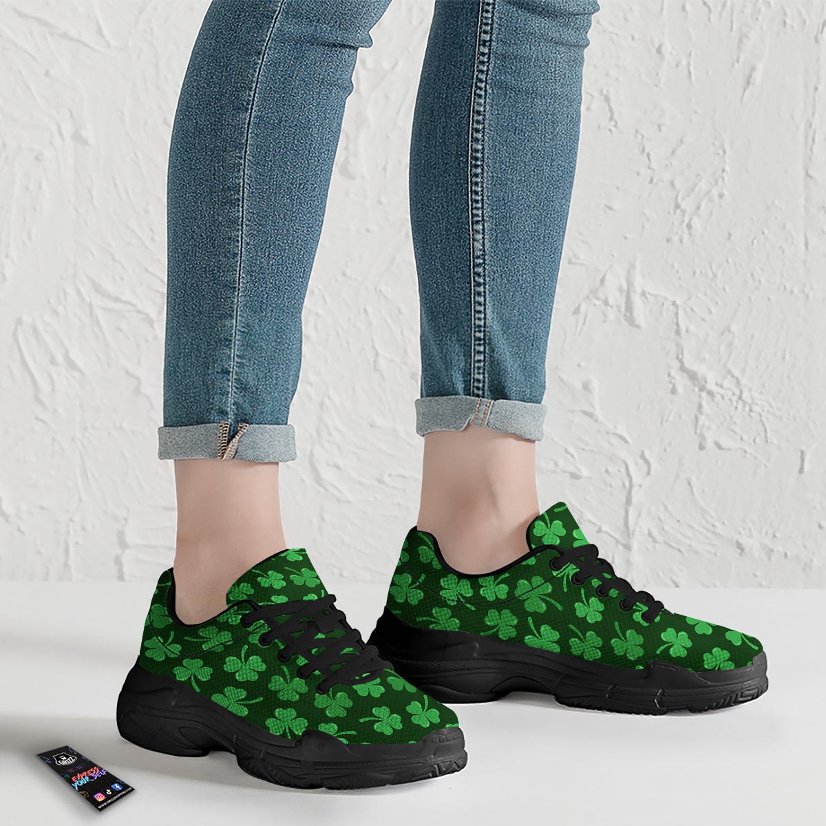 Shamrock St. Patrick's Day Print Pattern Black Chunky Shoes-grizzshop