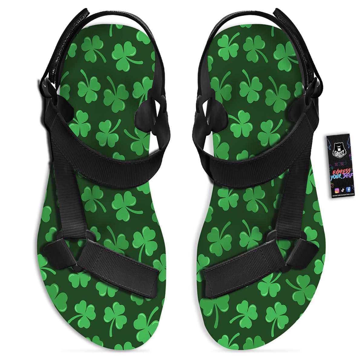 Shamrock St. Patrick's Day Print Pattern Black Open Toe Sandals-grizzshop