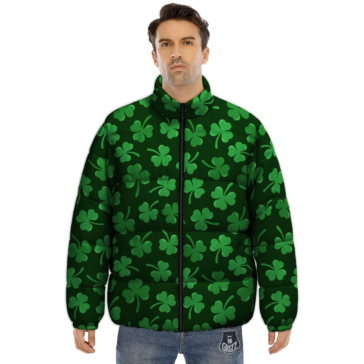 Shamrock St. Patrick's Day Print Pattern Puffer Jacket-grizzshop